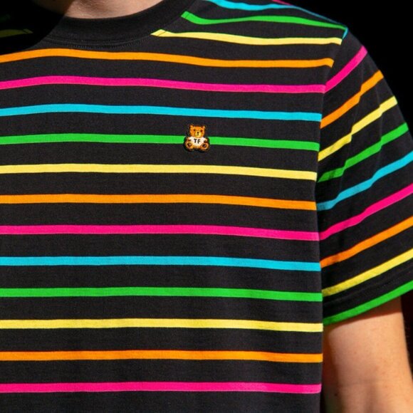 Teddy Fresh Men's Multicolor Striped T-Shirt Crewneck Streetwear Grunge Medium - Picture 2 of 11